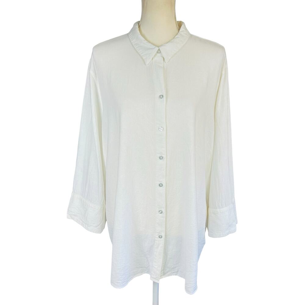 Chico's Linen Blend Shirt Women Sze 4 (XXL) White Relaxed Coastal Chic Button Up
